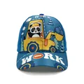 Blue kids baseball cap featuring cartoon panda excavator print and WORK slogan - Adjustable / Bear Forklift