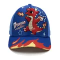 Blue kids baseball cap featuring a red cartoon dragon print and flame pattern on the brim - Adjustable / Dragon Fire Breathing Blue