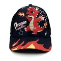 Kids black baseball cap with red cartoon dragon and flame print on the brim - Adjustable / Dragon Fire Breathing Black
