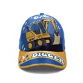 Kids baseball cap featuring yellow excavator print and blue-yellow color blocking design - Adjustable / Blue Excavator