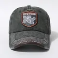 Detailed embroidery on vintage washed grey baseball cap with New York patch and leather brim - Green