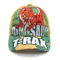 Kids baseball cap featuring yellow and green panels with a cartoon T-Rex dinosaur print - Adjustable / Yellow T-Rex
