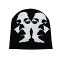 Unisex black beanie with white jacquard face sketch pattern for street fashion style - One Size / Black & White
