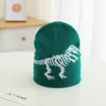 Kids green knitted beanie hat featuring a large white dinosaur skeleton pattern - One Size / Green