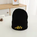 Kids black knit beanie featuring a yellow excavator embroidery on a soft ribbed fabric - Black