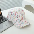Detailed close-up of a floral cotton baseball cap with pink flower and cherry prints - Head Circumference / Off White
