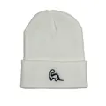 Witte geribbelde gebreide muts met zwarte dinosaurus borduring voor winterwarmte en hiphop - Eén maat / Wit