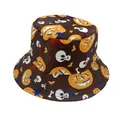 Detail of Halloween bucket hat featuring pumpkin, skull, and bat prints with reinforced stitching - One Size / Brown Pumpkin Skeleton Print (Style 3)