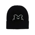 Bonnet en tricot noir chaud avec broderie ours blanc et bordure à revers doux - Noir