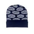 Détails du tricot du bonnet bleu marine avec motifs de fleurs en jacquard blanc - Taille unique / Fleur Bleu Marine