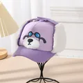 Lila Kinder-Wintermütze mit Cartoon-Hundestickerei und warmen Ohrenklappen aus Vlies - 52-54CM Kopfumfang / Lila