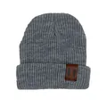 Solid grey knitted beanie for kids featuring a vintage brown leather patch detail - 1-3 Years / Marl Grey