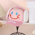 Pink winter trapper hat with smiley face embroidery and warm white fleece earflaps for kids - 52-54CM Head Circumference / Pink
