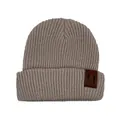 Detailed view of the thick ribbed knit texture and brown faux leather patch on the beanie - 1-3 Years / Off White