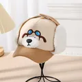Gesteppte Kinderfliegermütze mit Hunde-Stickerei und warmen Ohrenklappen aus Vlies - 52-54CM Kopfumfang / Khaki