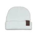 Detailed view of white knitted beanie featuring ribbed texture and brown leather patch - 1-3 Years / White