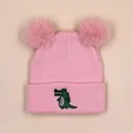 Pink knit baby beanie with cute green crocodile embroidery and dual faux fur pom-poms - 1-3 Years / Pink