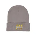 Detailed close-up of gray beanie showing high-quality embroidery and ribbed knit texture - One Size / Off White