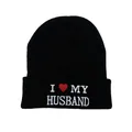 Winter black knit beanie featuring I Love My Husband embroidery for men and women - I Love My Husband (HUSBAND Black)