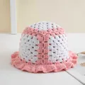 Handmade pink and white crochet bucket hat with floral knit crown and ruffled brim - 56-59cm / Pink