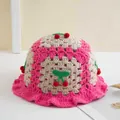 Cappello pescatore all'uncinetto rosa e beige con ciliegie 3D fatte a mano - 56-59cm / Rosa Ciliegia Intenso