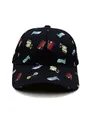 Detailed close-up of kid's black baseball cap with colorful cartoon vehicle print - 52-54CM Head Circumference / Black