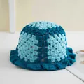 Handmade crochet bucket hat with blue color block design and stylish ruffled wavy edges - 56-59cm / Blue