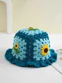Detailed close-up of handmade crochet sunflower bucket hat showing wave textures - 56-59cm / Blue