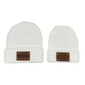 Detail of white ribbed knit beanies with MAMA and MINI leather patch labels for family sets - White