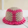 Pink and beige handmade crochet bucket hat with sweet ruffle brim and hollow pattern - 56-59cm / Rose Red