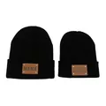 Black knitted beanie set for parent and child with MAMA and MINI leather patches - Black