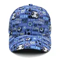Detail of blue kids baseball cap featuring football graffiti prints and crown icons - 51-54CM Head Circumference / Football