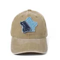 Detailed view of the double-layer denim star embroidery with frayed edges on a beige cap - Adjustable / Khaki