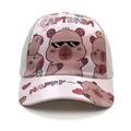 Close-up of pink and white kids capybara baseball cap with happy heart print detail - 50-54CM Circumference / Style 1 Beige