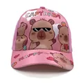 Detailed close-up of pink capybara cartoon baseball cap with rainbow lettering and heart logo - 50-54CM Circumference / Style 1 Pink