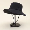Quick-dry black outdoor sun hat with wide brim, adjustable wind cord, and metal snap buttons - One Size / Black