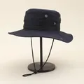 Detail of outdoor sun hat featuring metal ventilation eyelets and adjustable windproof cord - Adjustable / Navy Blue
