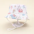 Kids white sun hat with colorful sea animal prints and adjustable chin strap - Head Circumference 50cm / White Ocean World (Style 9)