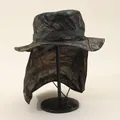 Macro detail of jungle camouflage sun hat with wide brim and protective neck flap - One Size / Tree Brown Camouflage
