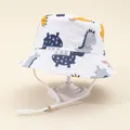 Detailed view of kids dinosaur sun hat with adjustable white chin strap and pattern - Head Circumference 50cm / White Dinosaur Group (Style 3)