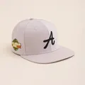 Detail of embroidered A letter on a light beige hip hop baseball cap with side patch - Adult Head Circumference 56-60CM / Beige