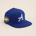Detailed view of high-quality white 3D embroidery letter A on a navy hip hop baseball cap - Adult Head Circumference 56-60CM / Blue