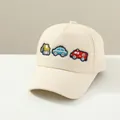 Kids baseball cap in beige cotton featuring three embroidered cartoon vehicle patches - Adjustable / Khaki