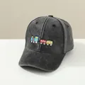 Detail of colorful train embroidery on kids' dark grey washed denim baseball cap - 2-6 Years (48-52cm) / Black