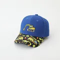 Detail of blue toddler baseball cap featuring excavator embroidery and printed cartoon brim - 51-54CM Head Circumference / Blue