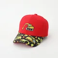 Detail of red kids baseball cap featuring embroidery and construction vehicle prints - 51-54CM Head Circumference / Red