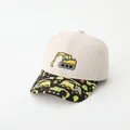Beige kids baseball cap with yellow excavator embroidery and printed construction brim - 51-54CM Head Circumference / Off White