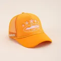 Detail of orange trucker hat featuring high-quality white star embroidery and breathable mesh - Adjustable / Orange