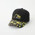 Detailed view of yellow excavator embroidery on black kids baseball cap with printed brim - 51-54CM Head Circumference / Black