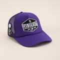 Close-up of purple trucker hat featuring Gas Service patch and gas mask skull embroidery - Adjustable / Purple